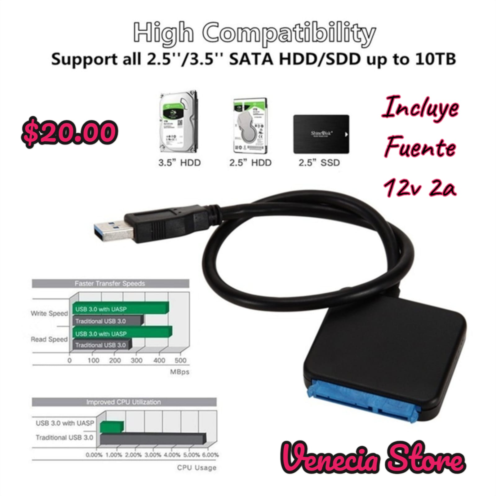 Adaptador para discos SATA laptop/Pc, incluye fuente.